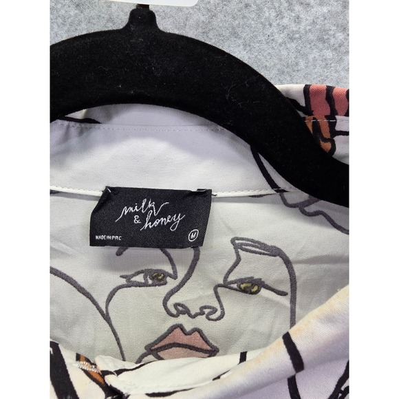 Milk & Honey Face Line Art Cropped Blouse White Black Neck Tie Puff Sleeve M - Picture 6 of 10